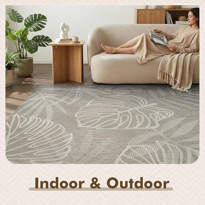MontVoo-Outdoor Rug-Patio Rug 5x7 ft Polypropylene Indoor Outdoor Rugs Outdoor Carpet for Patio Deck Balcony Porch, Textured Weave, Durable for High Traffic, Fade-Resistant, Tropical Silver Grey
