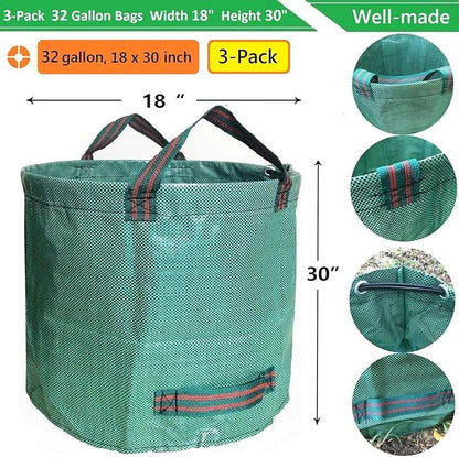 Standard 3-Pack 32 Gallon Lawn Garden Bags (D18,H30 inch) Yard Waste Bags with Gardening Gloves - Reusable Leaf Bags,Yard Debris,Trash Container,Plant Trimmings Bag,Grass Clippings,Weeds Bag 4 Handles