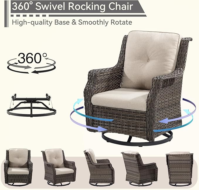 Swivel Patio Chair Outdoors - 360 Degree, Set of 2, Glider Chair with 3.5" Olefin Fabric Cushions (Mixed Grey Rattan/Beige)