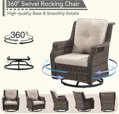 Swivel Patio Chair Outdoors - 360 Degree, Set of 2, Glider Chair with 3.5" Olefin Fabric Cushions (Mixed Grey Rattan/Beige)