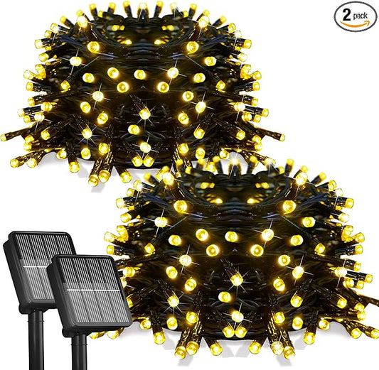 2Pack-300LED Solar String Lights, 112Ft Solar String Lights Outdoor with 8 Modes ，Solar Christmas Lights Outdoor Waterproof for Yard, Fence,Balcony, Party,Christmas Tree Decorations (Warm White)