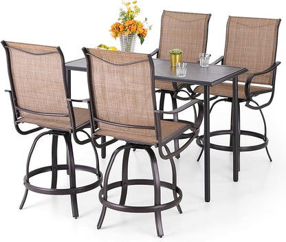 PHI VILLA 5 Piece Outdoor Bar Set, Counter Height Patio Bar Table and Chairs with 26.8" Swivel Bar Stools Brown & Rectangle Bar Table for Garden, Terrace, Yard and Deck