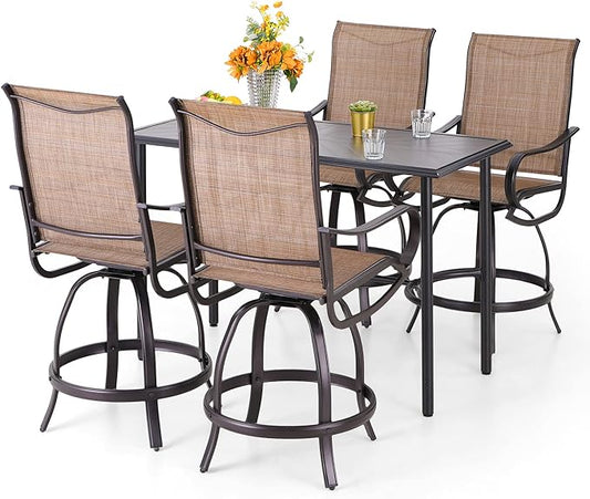 PHI VILLA 5 Piece Outdoor Bar Set, Counter Height Patio Bar Table and Chairs with 26.8" Swivel Bar Stools Brown & Rectangle Bar Table for Garden, Terrace, Yard and Deck
