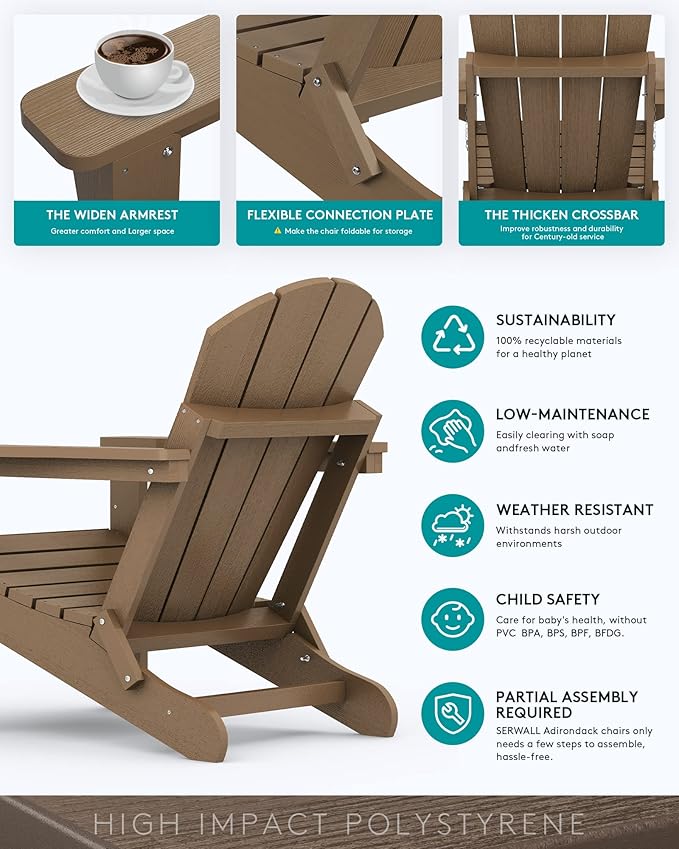 SERWALL Adirondack Chair Set of 8 for Patio Garden Outdoors Fire Pit- Brown