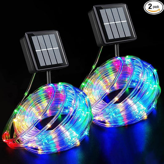 YEGUO Solar Christmas Lights Outdoor Waterproof, 2 Packs Each 33ft 100 LED Rope Lights, 8 Modes Fairy String Lights in Clear Thin Tube for Camping Fence Patio Garden Trampoline Deck(Multicolor)