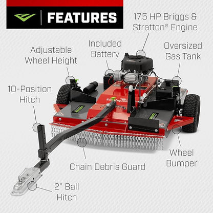 Earthquake Acreage Tow-Behind Mower, 44” Steel Deck, 17.5HP Briggs & Stratton, Electric Start w/Battery, Manual Blade Lever, Adjustable Tow & Height, 2” Ball, Model 42795