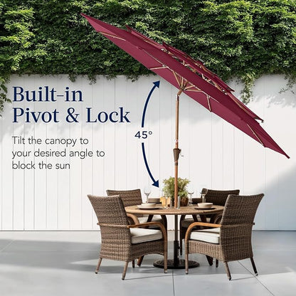 Best Choice Products 10ft 3-Tier Solar Patio Market Umbrella, Outdoor Sun Shade for Backyard, Deck, Poolside, Table w/Woodgrain Pattern, LED Lights, Tilt Adjustment - Burgundy