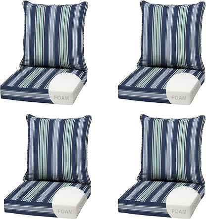 Arden Outdoor Foam Deep Seat Cushion (4-Pack), 22x24, Premium High-Density Foam, Never Flattens, Weather-Proof for Patio Chair Sofa Couch, Sapphire Aurora Blue Stripe