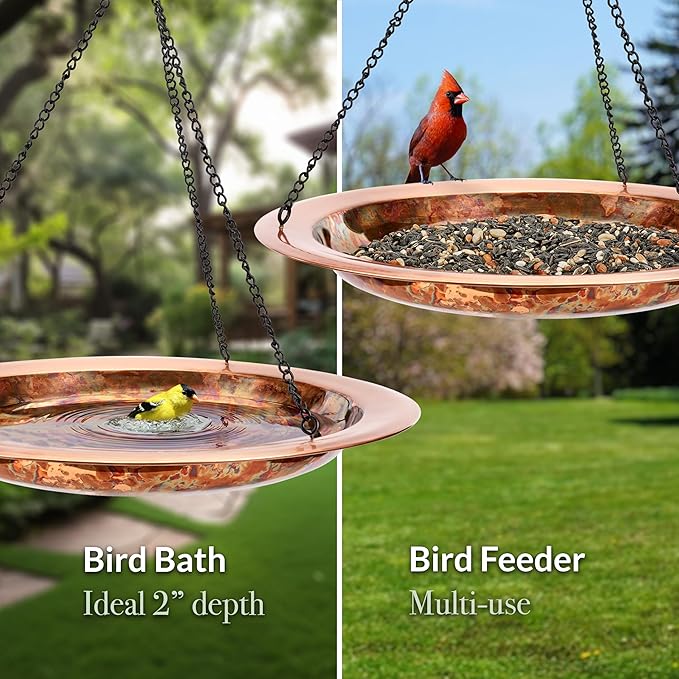 Good Directions Hanging Fire Copper Bird Bath for Outside Backyard, Outdoor, Patio, Garden, Birdbath Gift for Bird Lovers Watchers, Large 18" Pure Copper Metal