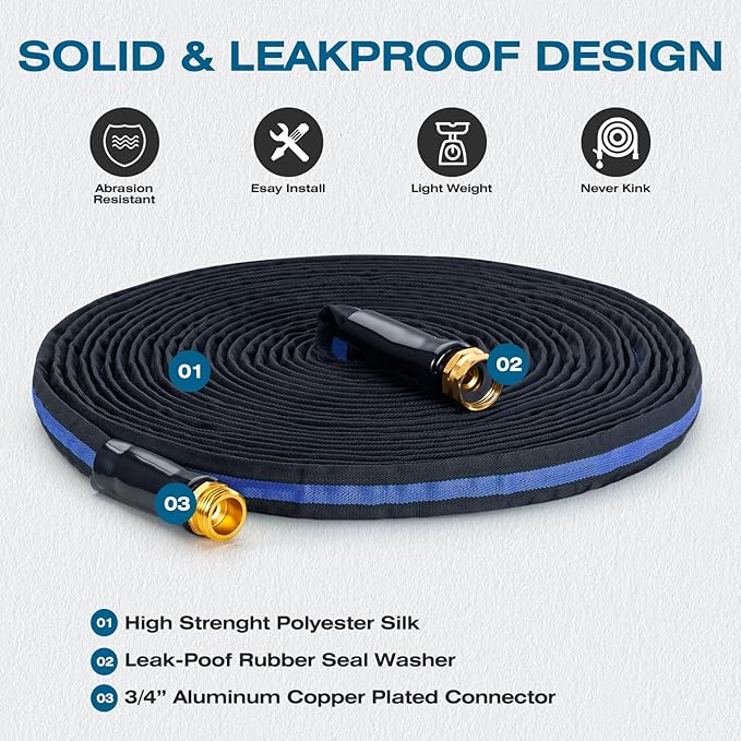 Ultra Lightweight 25FT Garden Hose - Heavy-Duty Kink-Free Flexible Hose, Non-Expanding Design with Aluminum Brass Fittings, Crush-Proof for Yard/Lawn/Outdoor Use(black-blue, 25 FT)