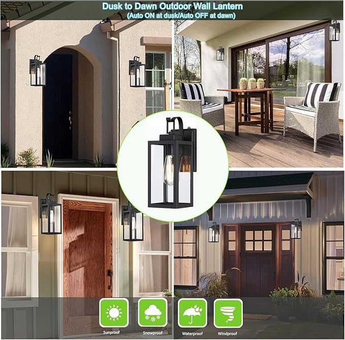 WISBEAM 2 Pack 13.75in Black Outdoor Wall Sconce, Dusk to Dawn Outdoor Wall Light, E26 Base 60W Max, Metal Housing Plus Glass, ETL Qualified, Bulbs not Included