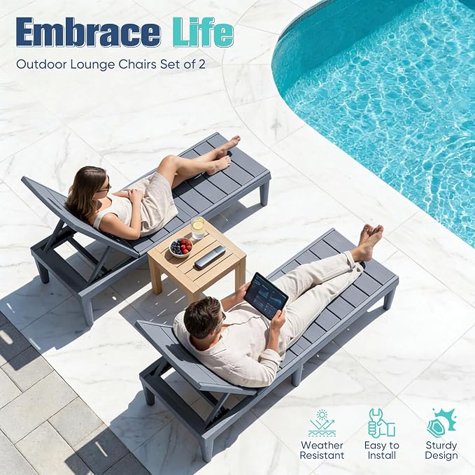 Devoko Outdoor Chaise Lounge Chair Set of 2 with 5-Position Adjustable Back, Waterproof & Lightweight PP Lounge Chairs for Outside Pool Patio (Light Grey)