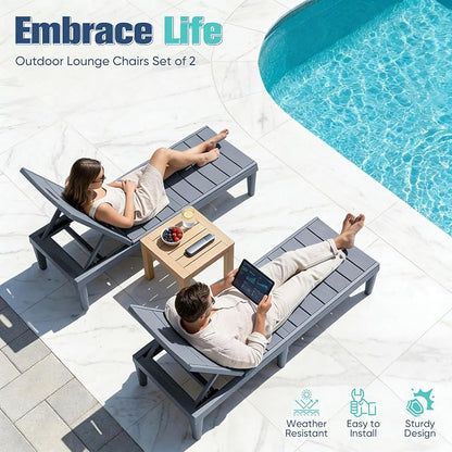 Devoko Outdoor Chaise Lounge Chair Set of 2 with 5-Position Adjustable Back, Waterproof & Lightweight PP Lounge Chairs for Outside Pool Patio (Light Grey)
