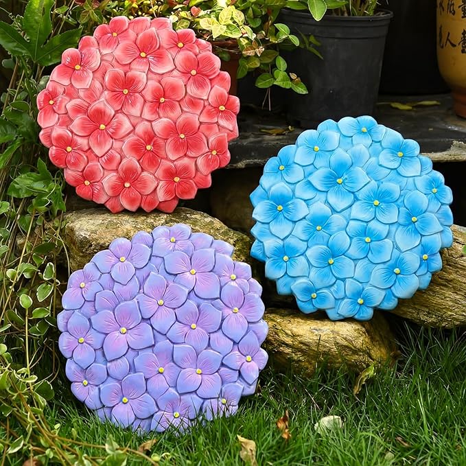 Cinnvoice 3 Pack Garden Stepping Stone Outdoor, Decorative Dimensional Resin Stepping Stones for Patio Pathway Landscaping Walkway Sculpture Yard Backyard Lawn(Hydrangea,10 Inches)