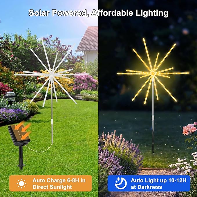 CCILAND 3 Pack Solar Firework Lights Outdoor, 336 LEDs Solar Starburst Garden Lights with Timer 8 Modes, Waterproof Decorative Lights for Yard Patio Walkway Pathway Party Wedding (Warm White)