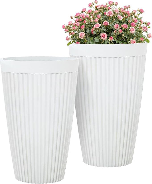 20" Tall Planters for Indoor Outdoor Plants (Set of 2), Cement-Look Large Flower Pots, High-Desity Resin Planters, UV-Protected Outdoor Pots for Garden, Balcony, Porch or Living Room Decor