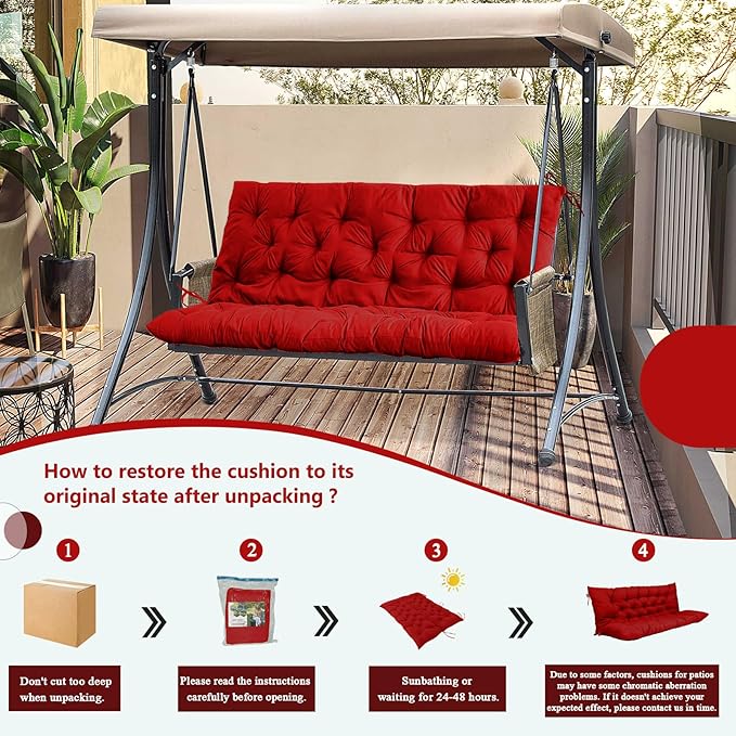 2/3 Seater Swing Replacement Cushion, Waterproof Porch Swing Cushions with Backrest, Thickened Bench Cushions for Outdoor Furniture, for Outdoor Patio Swing (Red, 47 * 40 in)