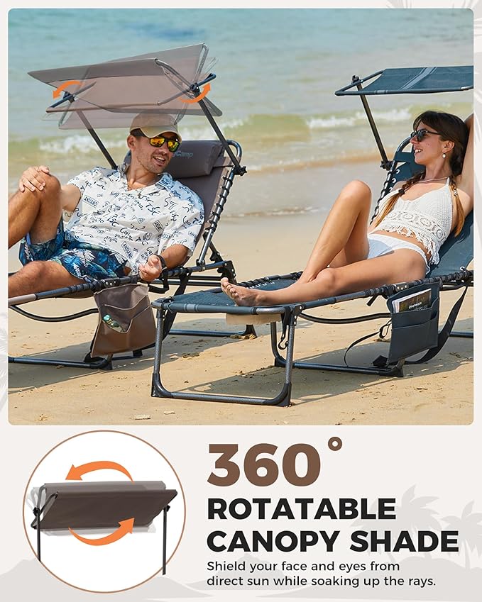 KingCamp 2 Pack Tanning Chair with Face Hole, Lounge Chairs Outdoor Folding Portable Comfy Adjustable 5-Position Foldable Chaise Chaser with Canopy Shade for Outside Beach Patio Sun Bathing, Beige