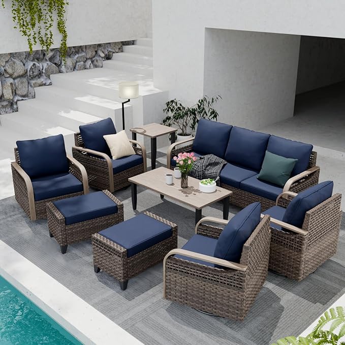 COOS BAY Modern Wicker Outdoor Furniture Set, Patio Conversation Set with 4 Swivel Rockers, 3 Seat Couch, Ottomans, Coffee Table and Side Table, 9 Piece, Brown/Blue