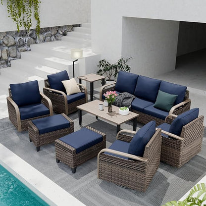 COOS BAY Modern Wicker Outdoor Furniture Set, Patio Conversation Set with 4 Swivel Rockers, 3 Seat Couch, Ottomans, Coffee Table and Side Table, 9 Piece, Brown/Blue