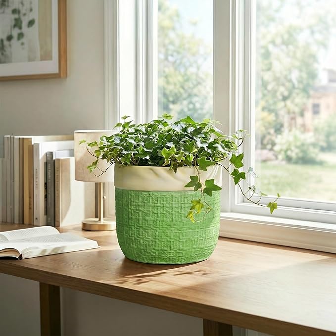 8 Inch Plant Pot - Ceramic Pots for Plants with Drainage Hole, Ceramic Flower Pots for Indoor Plants Outdoor, Decorative Boho Planter, House Garden Decor, Gardening Gifts for Women, Green