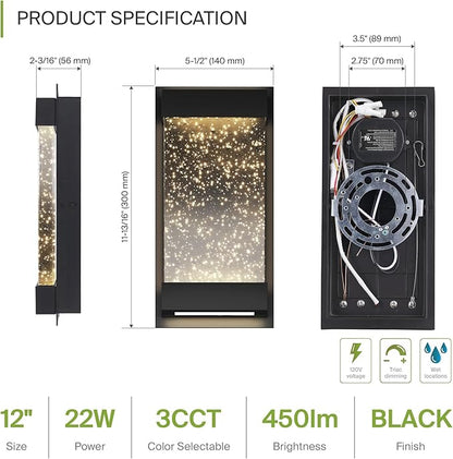 ASD LED 12" Bubble Glass Wall Light Fixture, Outdoor & Indoor Seeded Sconce | 3CCT, Waterproof, Dimmable, Up-Down Glow, ETL Listed | 22W 500LM 3000-5000K 120V | Exterior Porch Lighting | Black