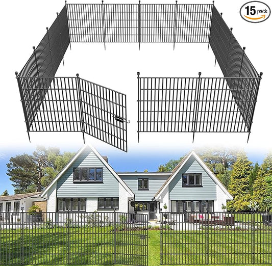 15 Panels No Dig Decorative Outdoor Garden Fence with Gate for Yard, 32 in(H) X 35.4 ft(L) Animal Barrier Fencing Rustproof Metal Wire Panel Border for Dog, Rabbits, and Patio Temporary Ground Stakes