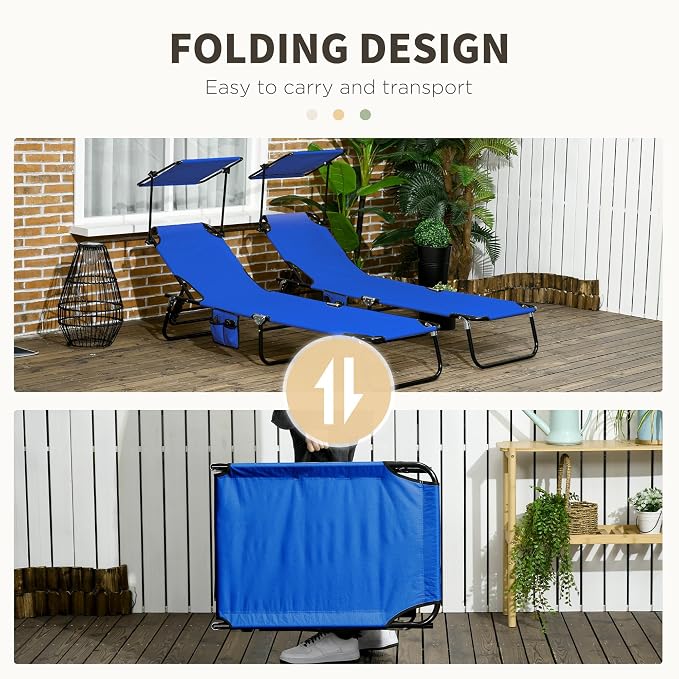 Outsunny Folding Chaise Lounge Chairs Outdoor Set of 2 w/Canopy Blue | Sun Tanning Chairs, Reclining Back, Steel Frame, Side Pocket, for Outside Beach Yard Patio Pool