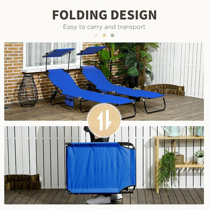 Outsunny Folding Chaise Lounge Chairs Outdoor Set of 2 w/Canopy Blue | Sun Tanning Chairs, Reclining Back, Steel Frame, Side Pocket, for Outside Beach Yard Patio Pool