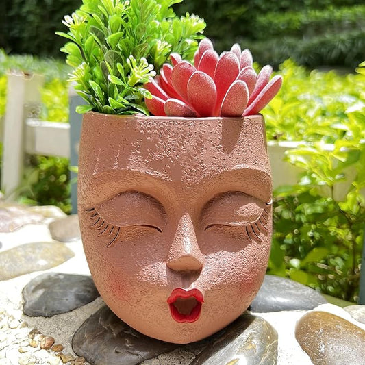 Cute Face Planter Pot Handmade Head Planter for Succulent Resin Flower Pots Kiss Face Plant Pots for Indoor and Outdoor Plants Brown 1Pack