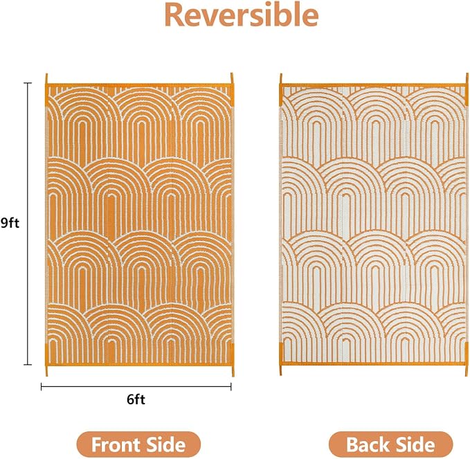 Anidaroel Patio Rugs Outdoor 6’x9’ Clearance Waterproof, Reversible Rainbow Outdoor Plastic Straw Outside Rugs, RV Outdoor Rugs for Camping, Porch, Balcony, Backyard (Orange,6‘X9')