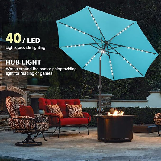 10ft Solar Umbrella Outdoor - Lighted Patio Umbrella with 40 LED Lights Waterprool Uv Protection, Table Umbrella with Tilt & Crank for Pool, Porch, Garden, Deck, Backyard(Sky Blue)
