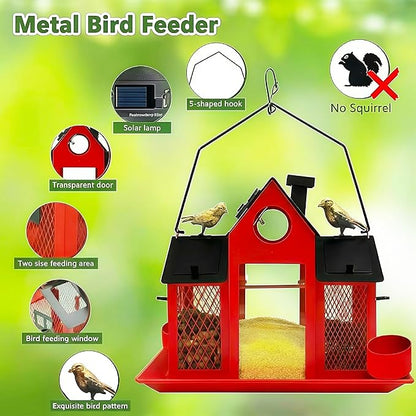 Solar Bird Feeders House for Outside Hanging, Metal Wild Bird Feeder for Outdoors Large Capacity Cardinal Birdfeeder Birdhouses Metal Bird Feeding Station Red