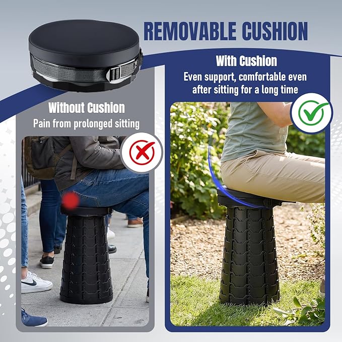 2026 Upgraded Collapsible Stool with Cushion, Portable Folding Stool for Adults Heavy Duty, Camping Stools for Outdoor Camping Travel Hiking Fishing, Adujstable Folding Chair Footrest，Black