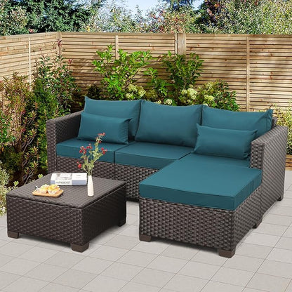 Outdoor Furniture Set 3 Pieces Outdoor Sectional Sofa Set Wicker Patio Furniture Outdoor Couch Outdoor Ottoman Coffee Table with Storage All-Weather Anti-Slip Cushions Waterproof Covers, Peacock Blue