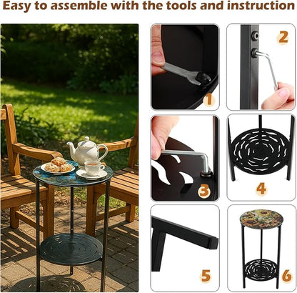 2-Tier Metal Round Side Table Black Accent Coffee Tables Small Space Corner Plant Stand Shelf for Indoor Outdoor Use Patio Balcony End Table Floral Print Weather-Resistant