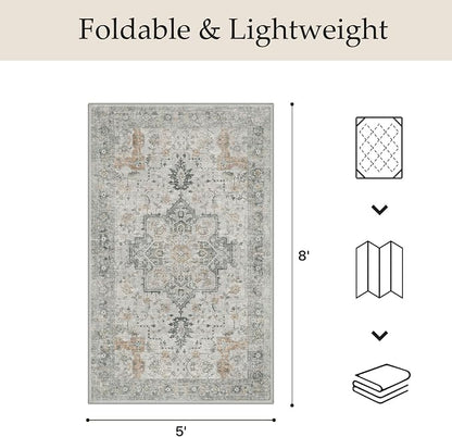 GENIMO Outdoor & Indoor Area Rug 5'x8', Waterproof, Non-Shedding, Easy Cleaning, Boho Mat for Patio, Living Room, Balcony, Dining Room, RV, Deck, Bedroom, Camping, Outside Carpet,Light Grey Brown