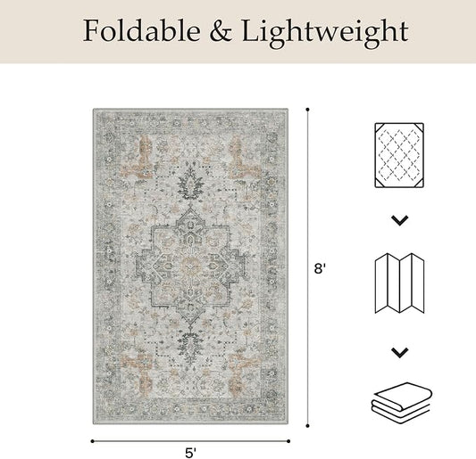GENIMO Outdoor & Indoor Area Rug 5'x8', Waterproof, Non-Shedding, Easy Cleaning, Boho Mat for Patio, Living Room, Balcony, Dining Room, RV, Deck, Bedroom, Camping, Outside Carpet,Light Grey Brown