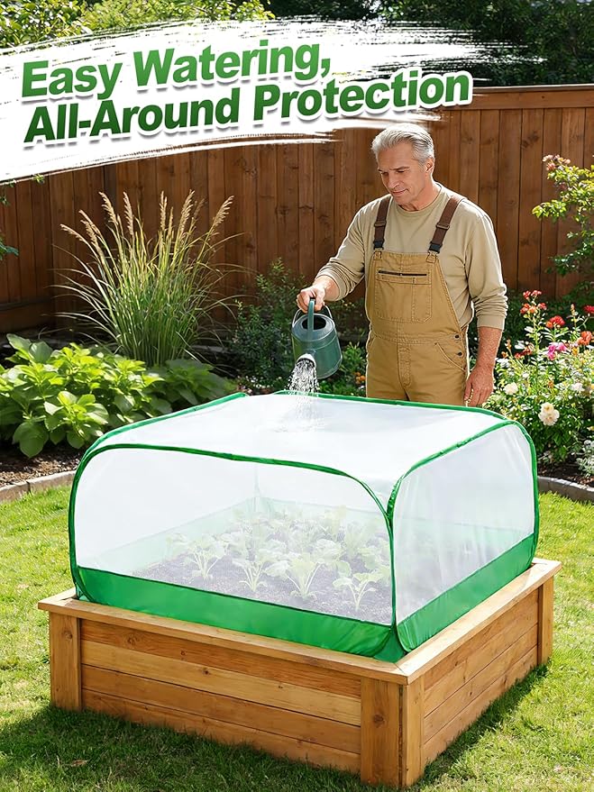 Pop Up Garden Netting for Square Raised Beds - 3.3'L x 3.3'W x 1.65'H Ultra Fine Mesh Net Plant Cover with 4 Stakes, Protection for Vegetables Fruit from Birds Pests