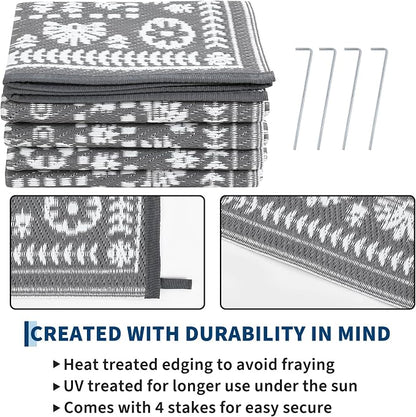 Garvee Reversible Outdoor Rug 9x18 for Patio, Waterproof Outdoor Area Rug, Modern Medallion Indoor Outdoor Rugs, Plastic Straw Rug for RV, Camping, Deck, Vintage Grey
