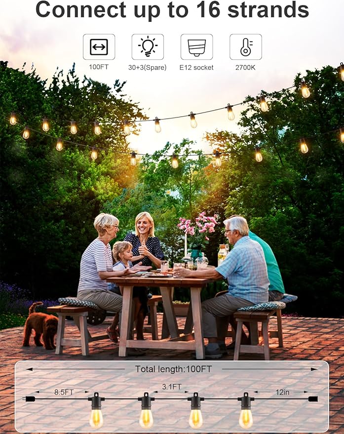 Svater Outdoor String Lights 100 FT, Patio for Outside with Shatterproof S14 Bulbs, Waterproof LED Hanging Light for Cafe Backyard Bistro Party, Warm White