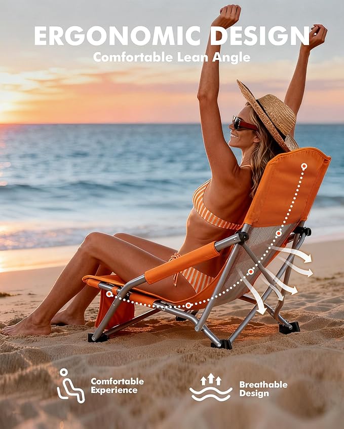 AKSOUL Folding Beach Chair for Adults: Low/High Back Chairs with Carry Bag - Extra Wide Seat Chair with Comfortable Pillow & Storage Pocket (1 Pack & 2 Pack, Blue)
