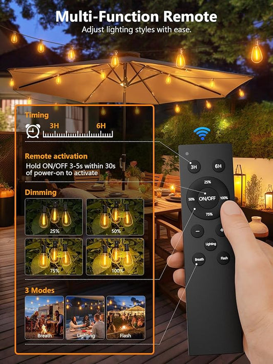luckystyle 100FT LED Outdoor String Lights with Remote, 35+ 1 Shatterproof Bulbs Waterproof and Dimmable Patio Lights for Porch, Garden, Backyard, Deck, Balcony, 2200K Hanging Lighting