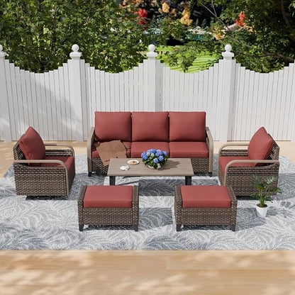 COOS BAY Modern Wicker Outdoor Furniture Set, Patio Conversation Set with Swivel Rockers, 3 Seat Couch, Ottomans, and Coffee Table, 6 Piece, Brown/Red