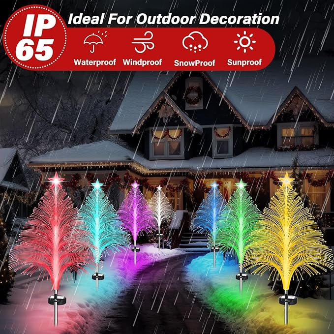 Baquler 12 Pack Solar Christmas Tree Lights Waterproof Outdoor Pathyway Stake Light 7 Lighting Modes Fireworks Christmas Stake Light Decoration for Holiday Yard Walkway Garden Path Decor