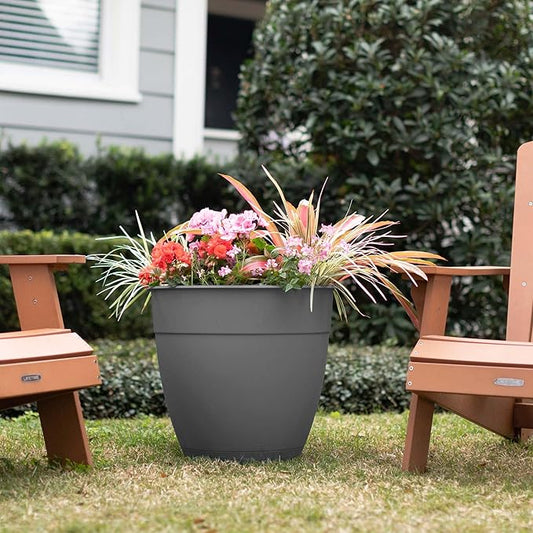 Bloem Dayton 16" Charcoal Recyled Plastic Planter Pot with Drainage Holes and Removable Saucer for Indoor and Outdoor Gardening