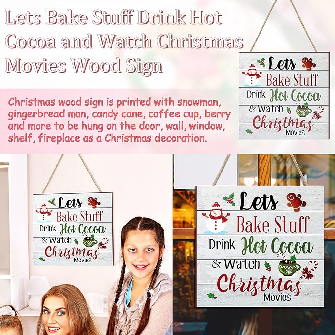 Blulu Christmas Hanging Wooden Sign Christmas Coffee Bar Decor Wood Candy Cane Hot Cocoa Sign Door Hanging Plaque for Xmas Winter Holiday Kitchen Home Wall Decoration(Classic)