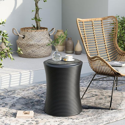 SUNBURY Outdoor Concrete Side Table, 14" W Hourglass Shaped Outdoor Side Table for Patio, Outside Accent Table Garden Stool, Modern End Table w Faux Natural Slate Rock for Porch, Sunroom, Deck