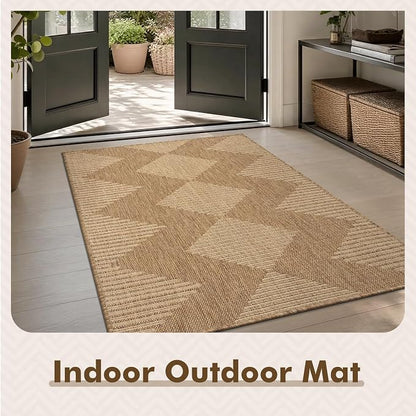 MontVoo-3x5 Outdoor Rug Porch Entryway Rug-Polypropylene Indoor Outdoor Rugs for Entryway Kitchen Balcony Patio, Textured Weave, Durable, Fade-Resistant, Non-Shedding, Boho Geometric Neutral Brown