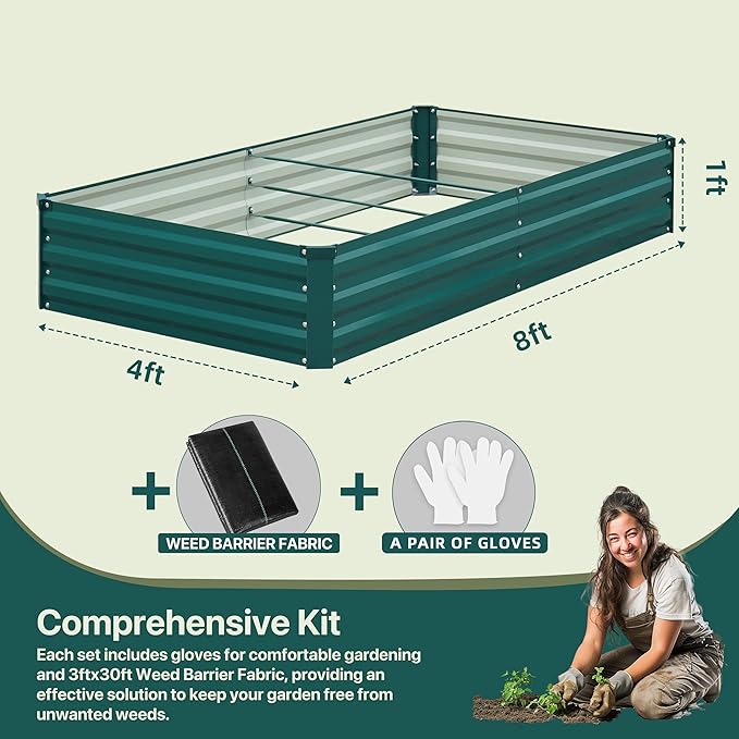 Raised Garden Bed Green, 8x4x1FT Garden box Outdoor for Gardening Vegetables Flower, Garden Raised Planter Box Large, Metal Raised Bed